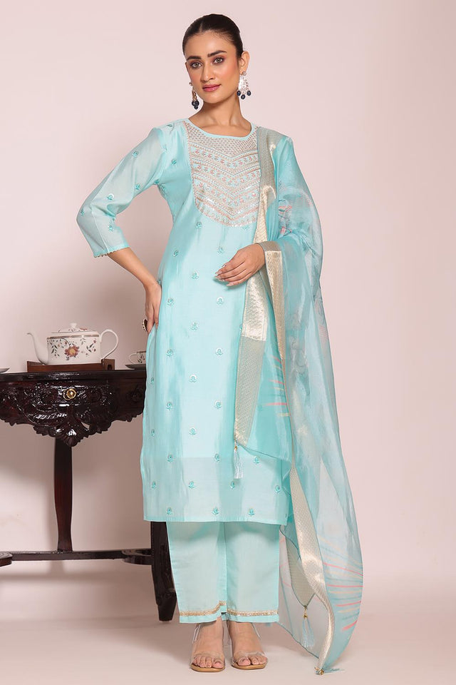 Sea Green Sequin with Embroidered Silk Kurti Pant Set (ACA5694)