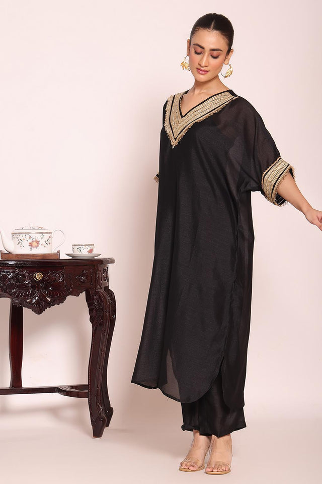 Black Sequin with Embroidered Silk Kurti Pant Set (ACA5696)