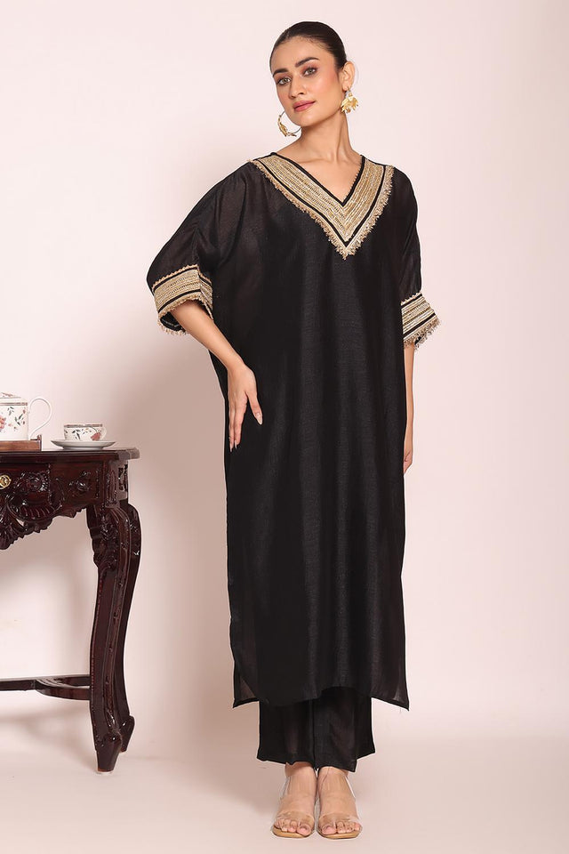 Black Sequin with Embroidered Silk Kurti Pant Set (ACA5696)
