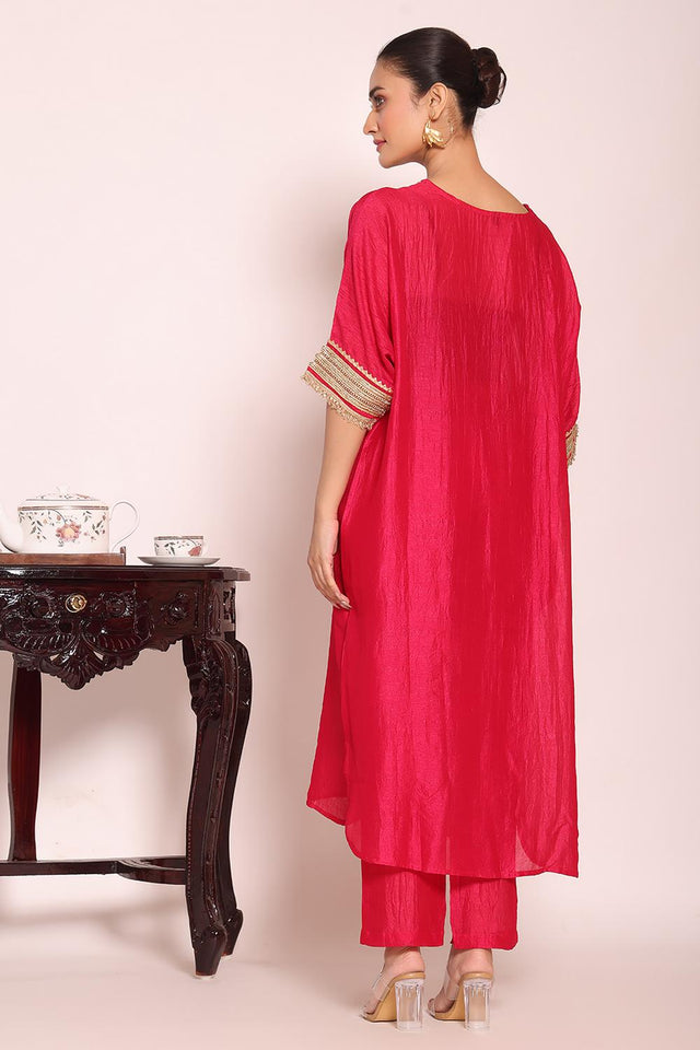 Pink Sequin with Embroidered Silk Kurti Pant Set (ACA5697)