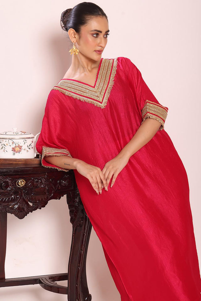 Pink Sequin with Embroidered Silk Kurti Pant Set (ACA5697)