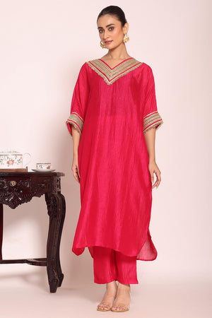 Pink Sequin with Embroidered Silk Kurti Pant Set (ACA5697)