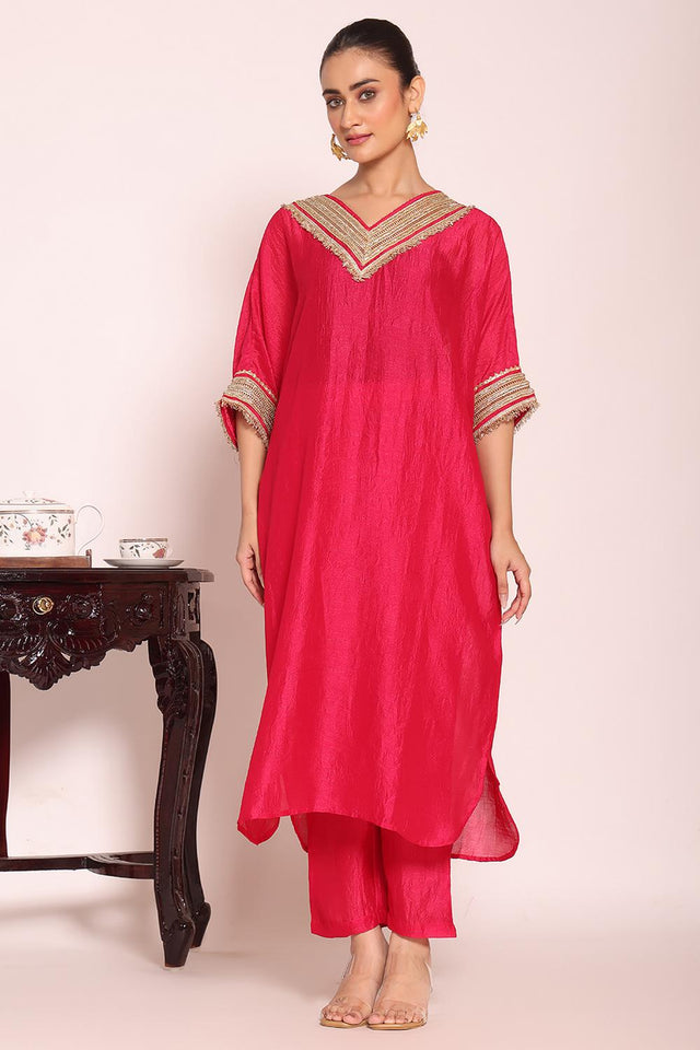 Pink Sequin with Embroidered Silk Kurti Pant Set (ACA5697)