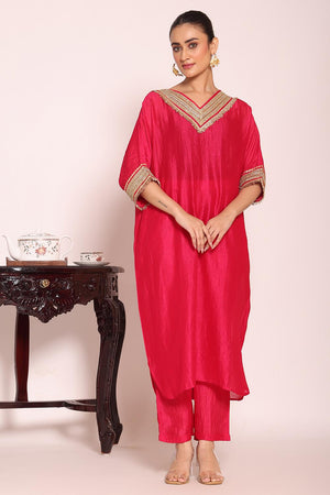 Pink Sequin with Embroidered Silk Kurti Pant Set (ACA5697)