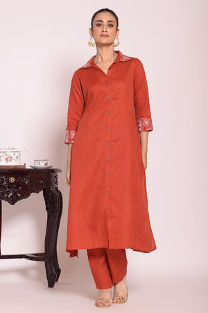 Rust Solid Silk Kurti Pant Set (ACA5698)