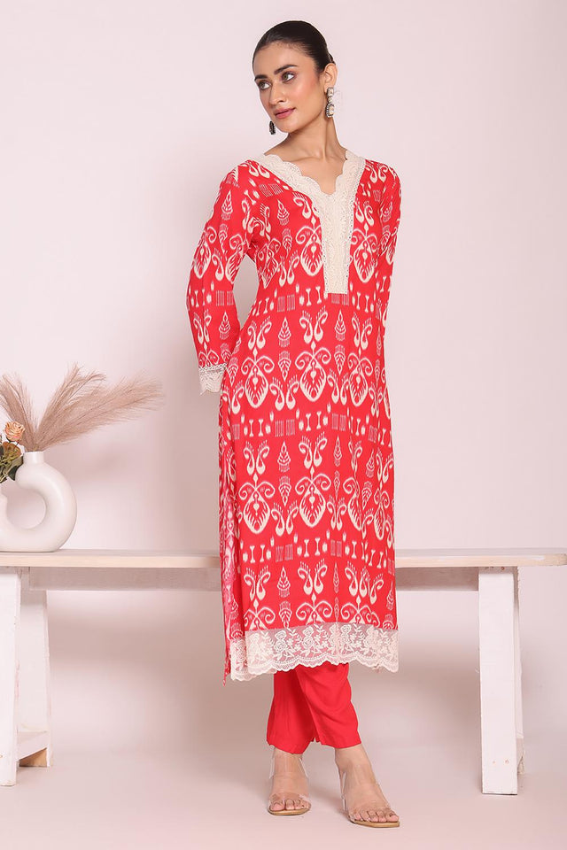 Pink Printed Silk Kurti Pant Set (ACA5699)