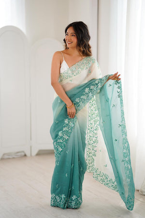 Turquoise Floral Embroidered Chiffon Saree (ACA5701)