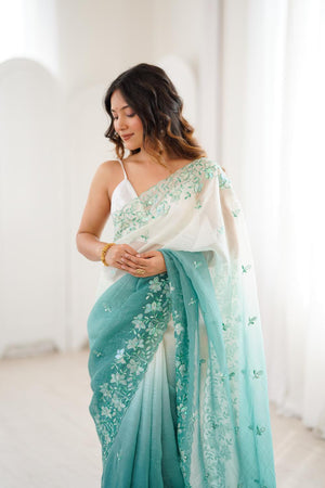 Turquoise Floral Embroidered Chiffon Saree (ACA5701)