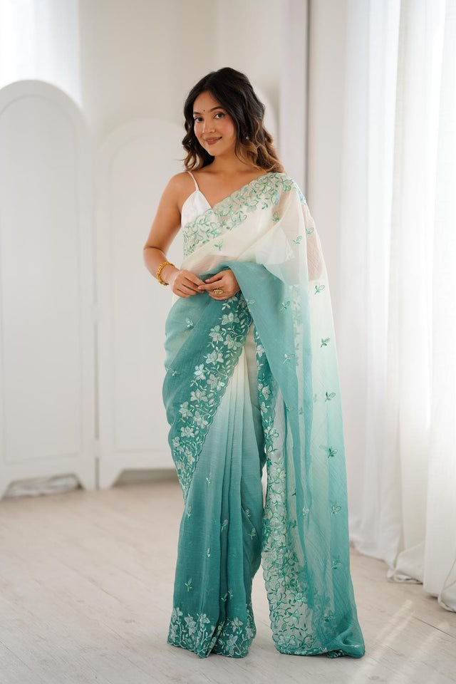 Turquoise Floral Embroidered Chiffon Saree (ACA5701)