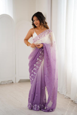 Lavender Floral Embroidered Chiffon Saree (ACA5702)