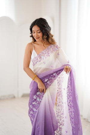 Lavender Floral Embroidered Chiffon Saree (ACA5702)