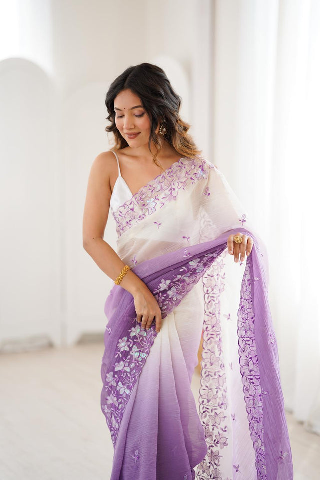 Lavender Floral Embroidered Chiffon Saree (ACA5702)