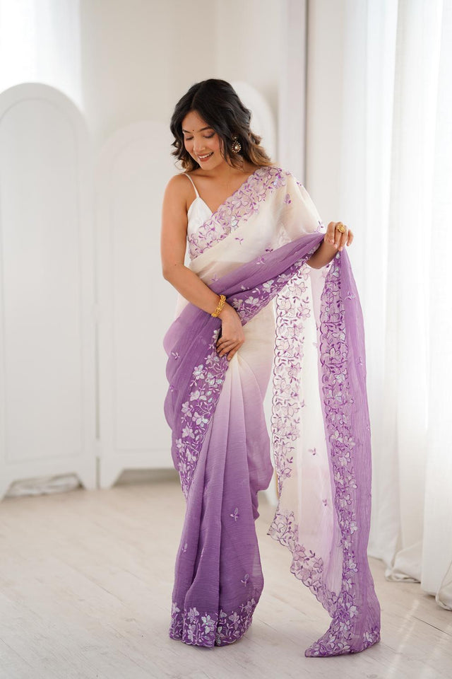 Lavender Floral Embroidered Chiffon Saree (ACA5702)