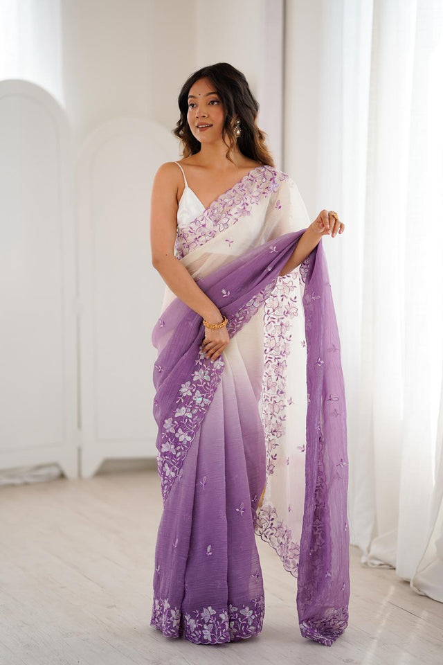 Lavender Floral Embroidered Chiffon Saree (ACA5702)