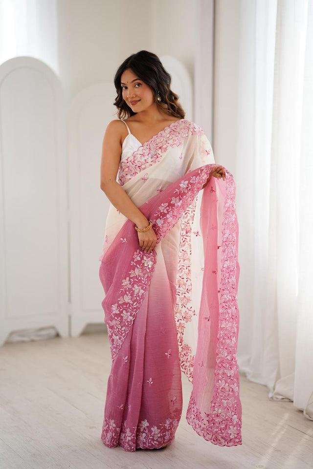 Pink Floral Embroidered Chiffon Saree (ACA5703)