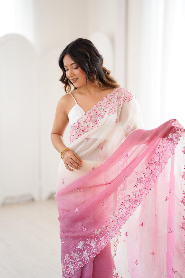 Pink Floral Embroidered Chiffon Saree (ACA5703)