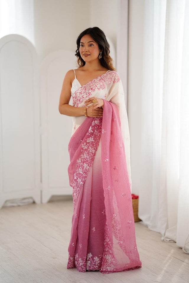 Pink Floral Embroidered Chiffon Saree (ACA5703)