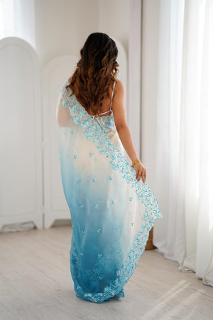 Blue Floral Embroidered Chiffon Saree (ACA5704)