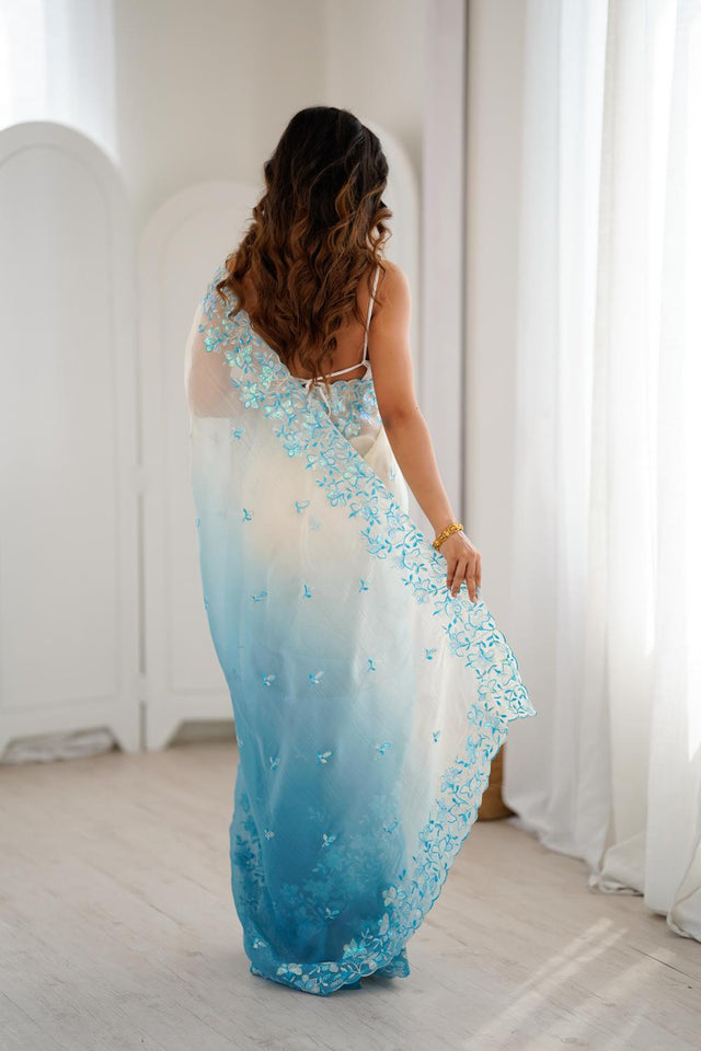 Blue Floral Embroidered Chiffon Saree (ACA5704)