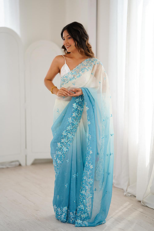 Blue Floral Embroidered Chiffon Saree (ACA5704)