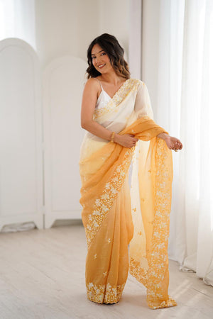 Yellow Floral Embroidered Chiffon Saree (ACA5705)
