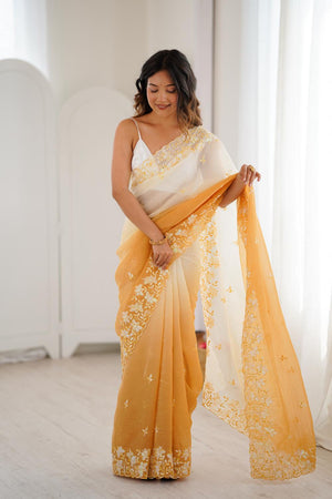 Yellow Floral Embroidered Chiffon Saree (ACA5705)