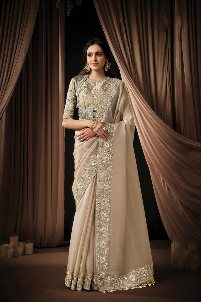 Beige Embellished Organza Saree (ACA5741)
