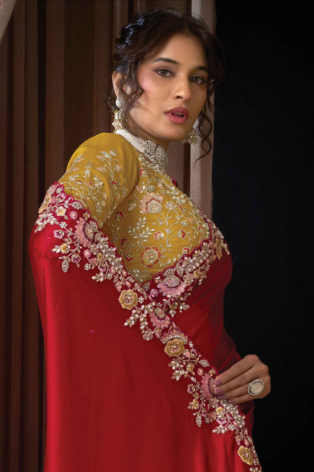 Red Embellished Satin Saree (ACA5742)