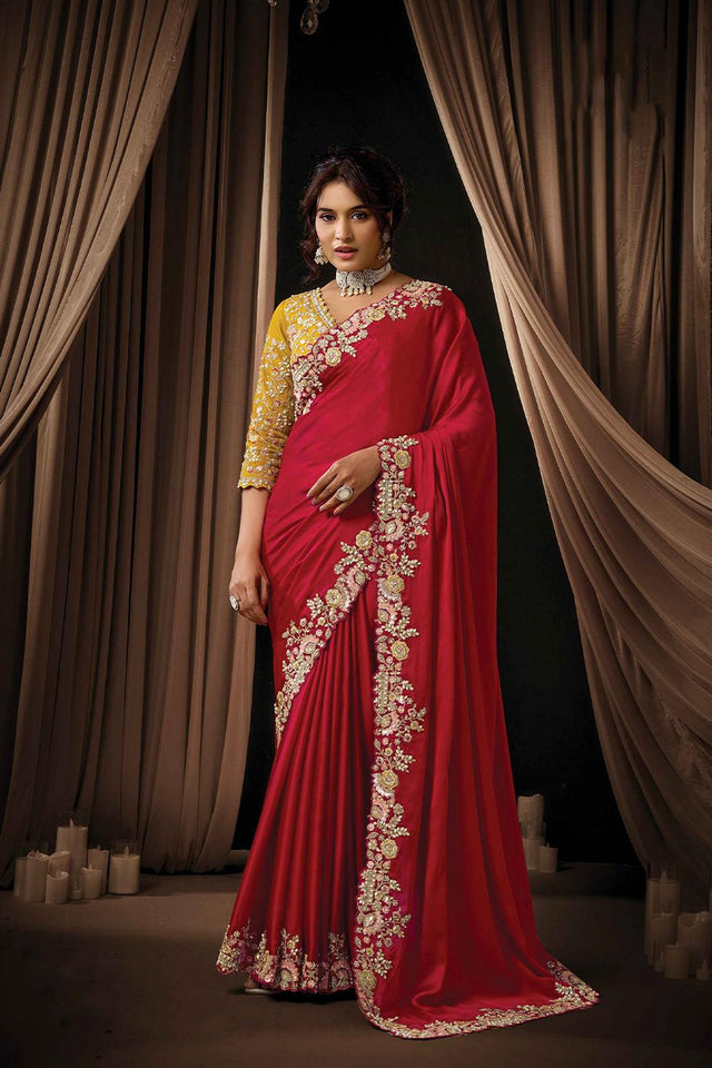 Red Embellished Satin Saree (ACA5742)