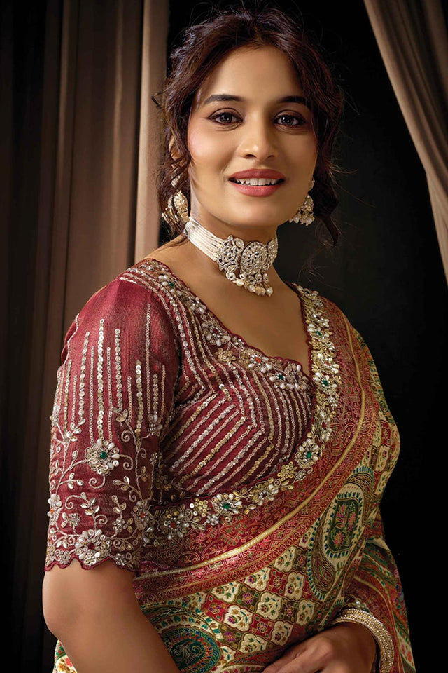 Maroon Embellished Satin Saree (ACA5744)