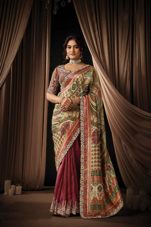 Maroon Embellished Satin Saree (ACA5744)