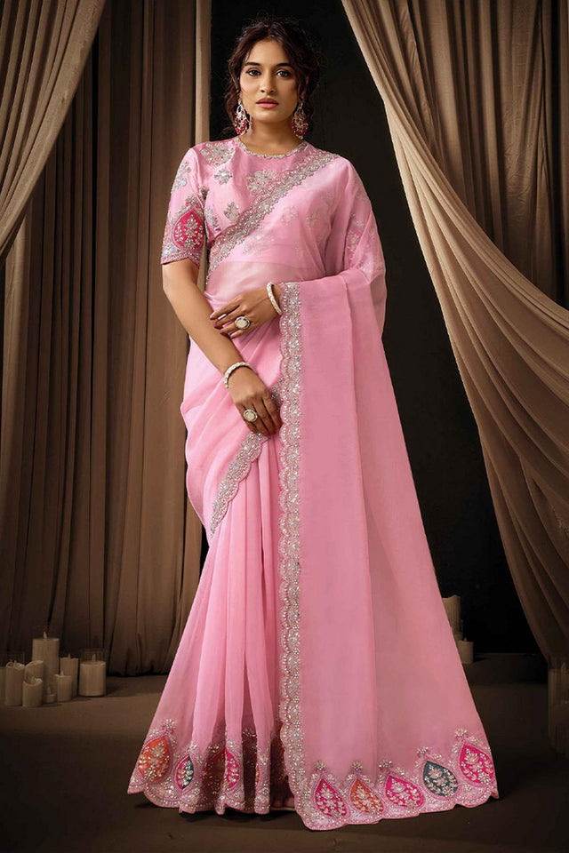 Pink Embellished Tissue Saree (ACA5748)