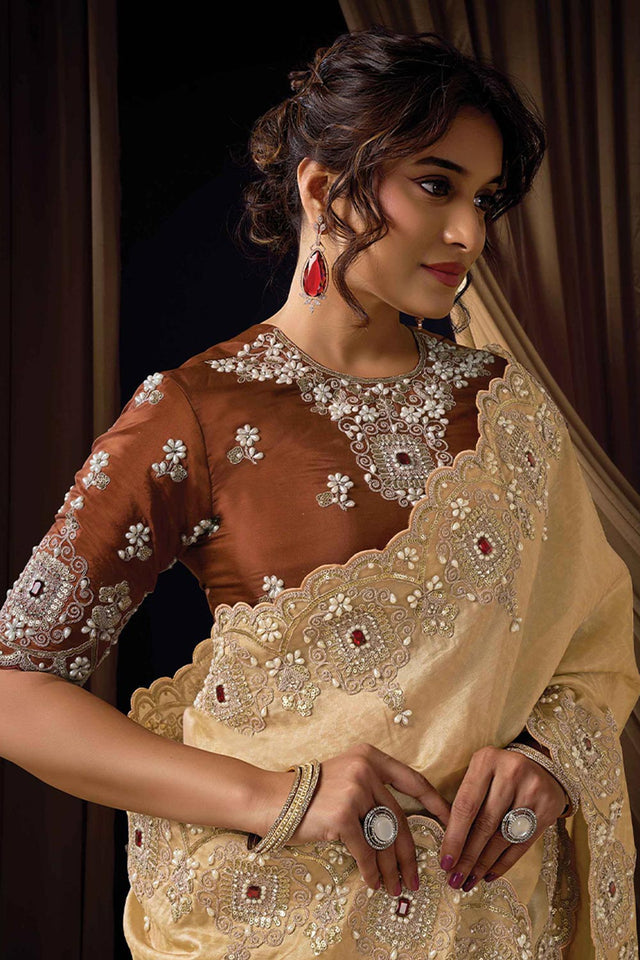 Beige Embellished Silk Saree (ACA5750)