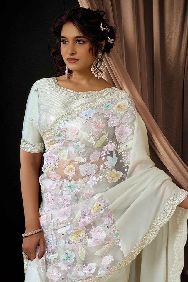 White Embellished Satin Saree (ACA5753)