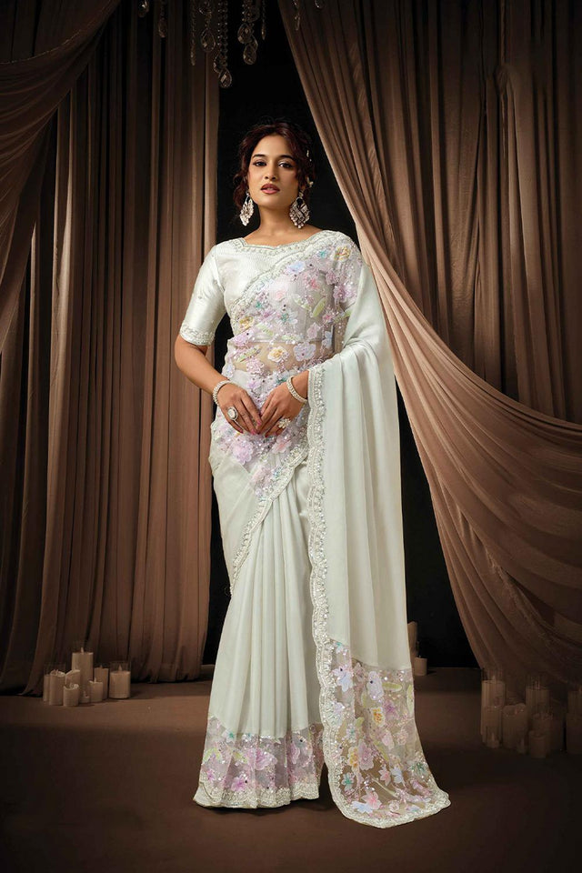 White Embellished Satin Saree (ACA5753)