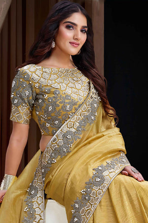 Yellow Embellished Silk Saree (ACA5754)