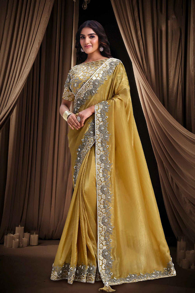 Yellow Embellished Silk Saree (ACA5754)