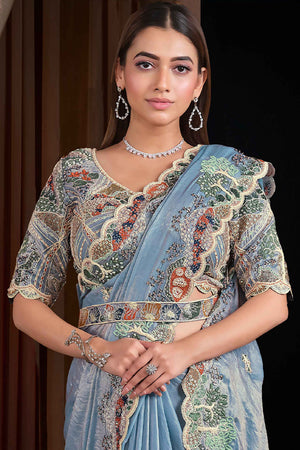 Blue Embellished Silk Saree (ACA5755)