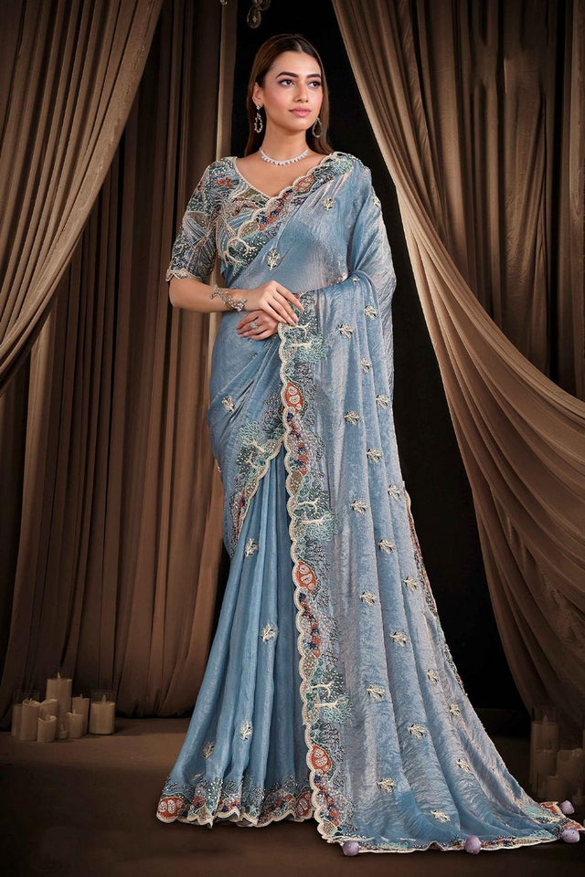 Blue Embellished Silk Saree (ACA5755)
