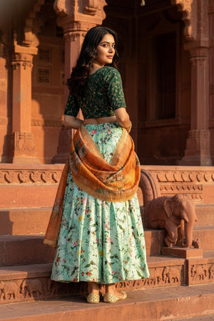 Sea Green Floral Printed Satin Lehenga (ACA5769)