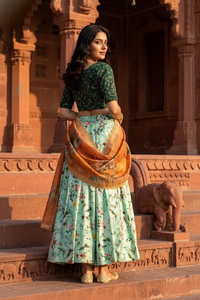 Sea Green Floral Printed Satin Lehenga (ACA5769)