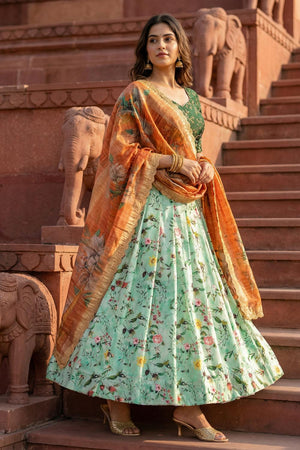 Sea Green Floral Printed Satin Lehenga (ACA5769)