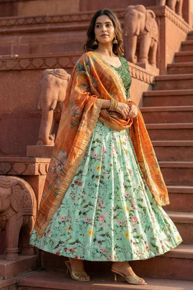 Sea Green Floral Printed Satin Lehenga (ACA5769)