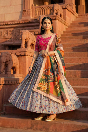 Grey Floral Printed Satin Lehenga (ACA5770)