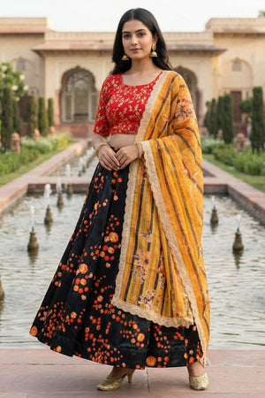 Black Floral Printed Satin Lehenga (ACA5772)