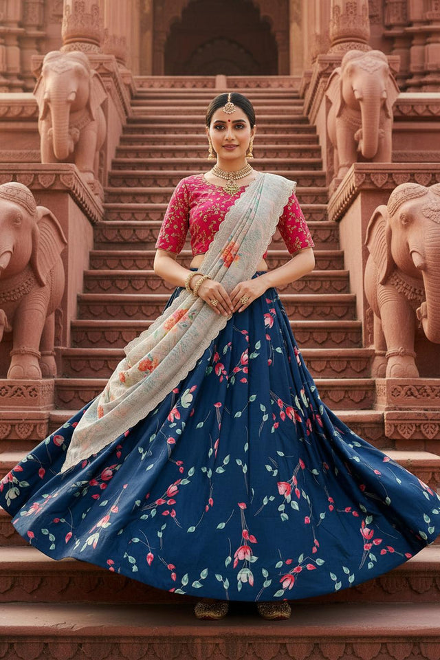 Blue Floral Printed Satin Lehenga (ACA5774)