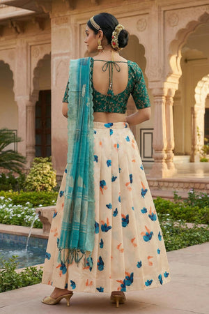Beige Floral Printed Satin Lehenga (ACA5775)