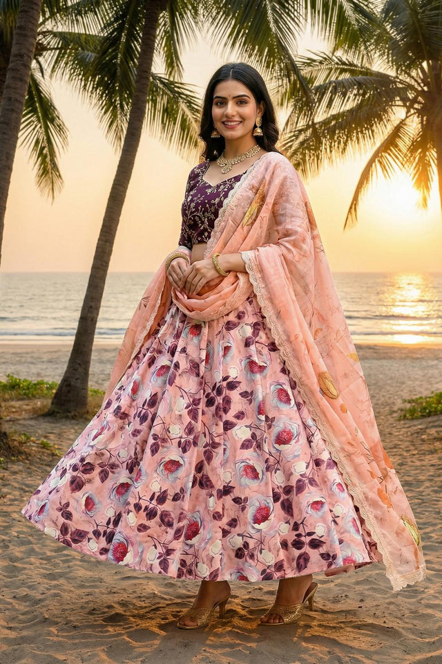 Violet Floral Printed Satin Lehenga (ACA5776)