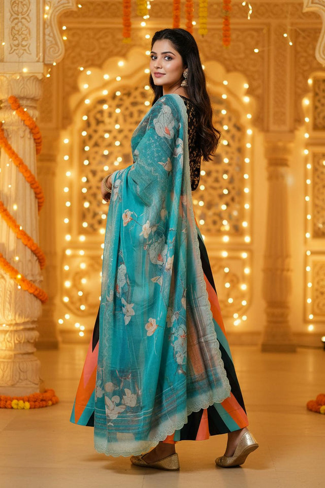 Multi Color Floral Printed Satin Lehenga (ACA5777)