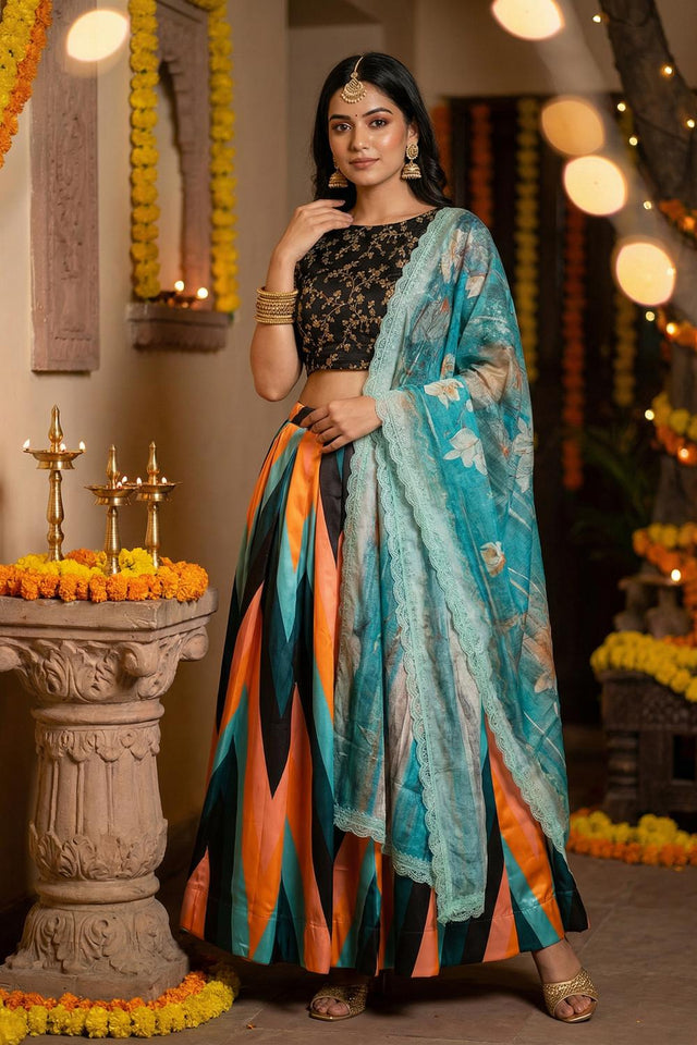Multi Color Floral Printed Satin Lehenga (ACA5777)